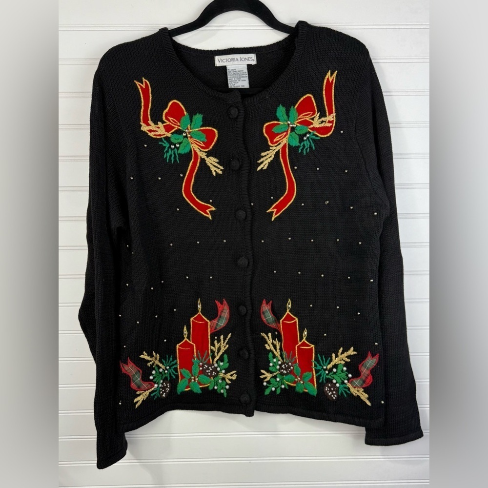 Vintage Victoria Jones black holiday Christmas ramie cotton blend cardigan Small